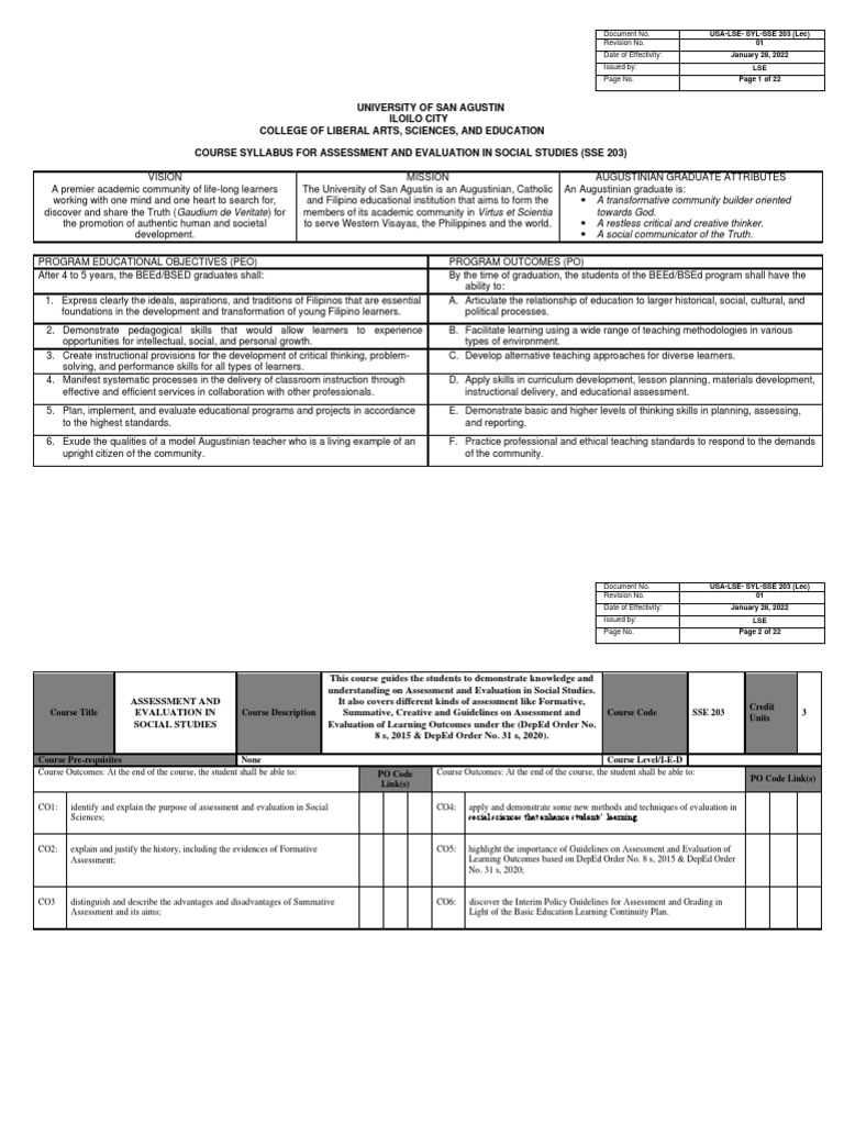 Sse 203 Assessment and Evaluation in Social Studies Syllabus PDF