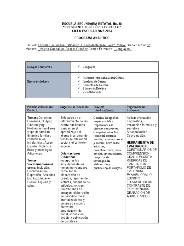 Programa Analitico 2do Grado Lenguajes Disciplina Español | PDF
