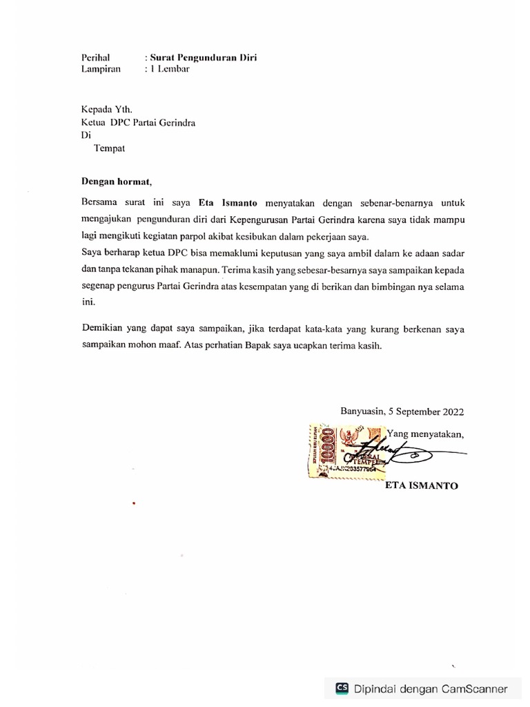 Surat Pengunduran Diri Dari Gerindra. | PDF