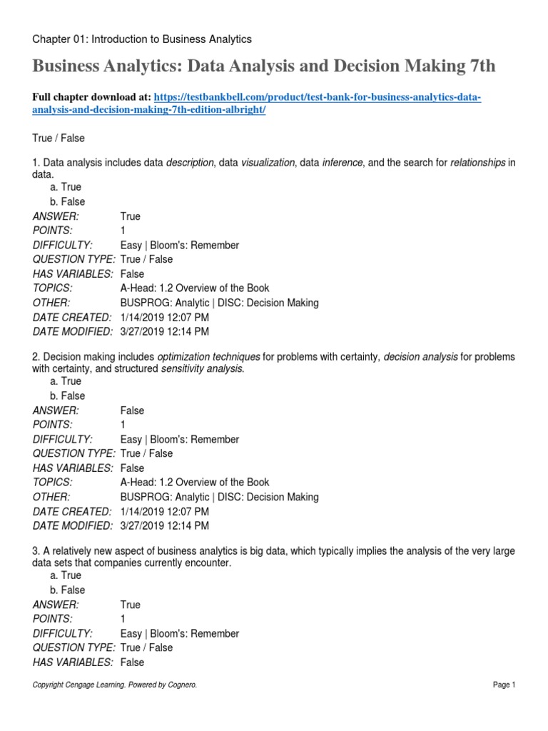 Test Bank For Business Analytics Data Analysis and Decision Making 7th ...