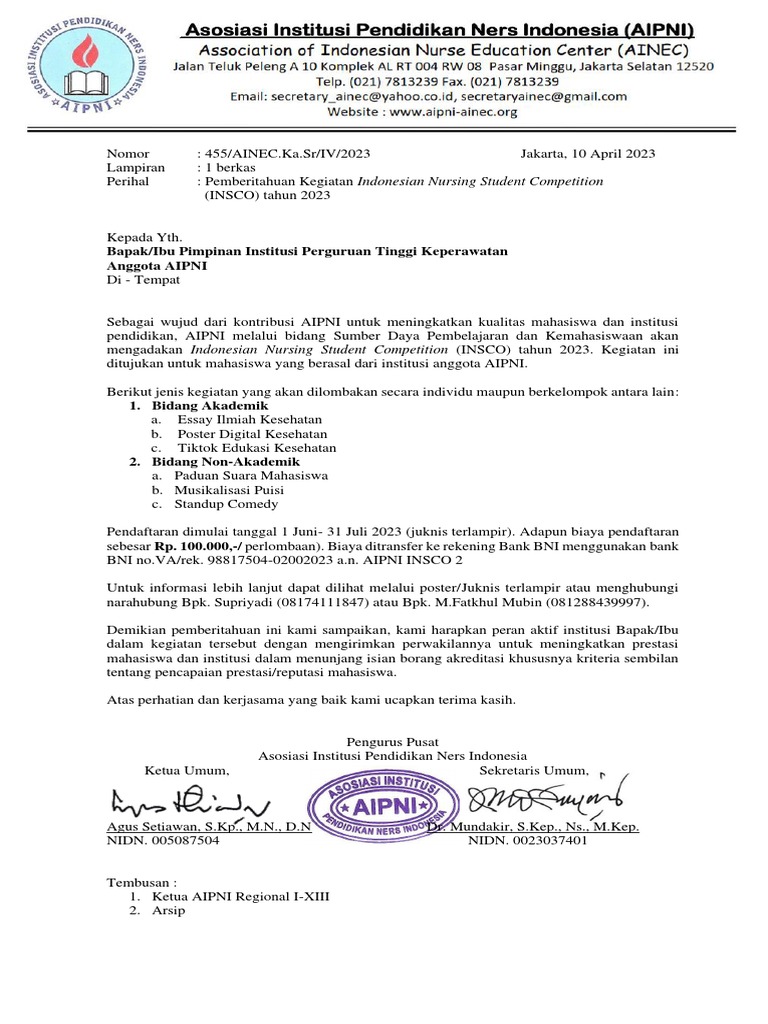 Surat Pemberitahuan Kegiatan INSCO AIPNI TH 2023-1 | PDF