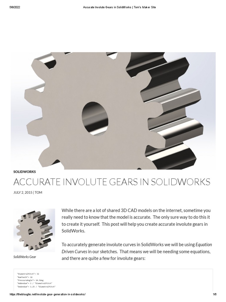 Accurate Involute Gears in SolidWorks _ Tom's Maker Site PDF Gear