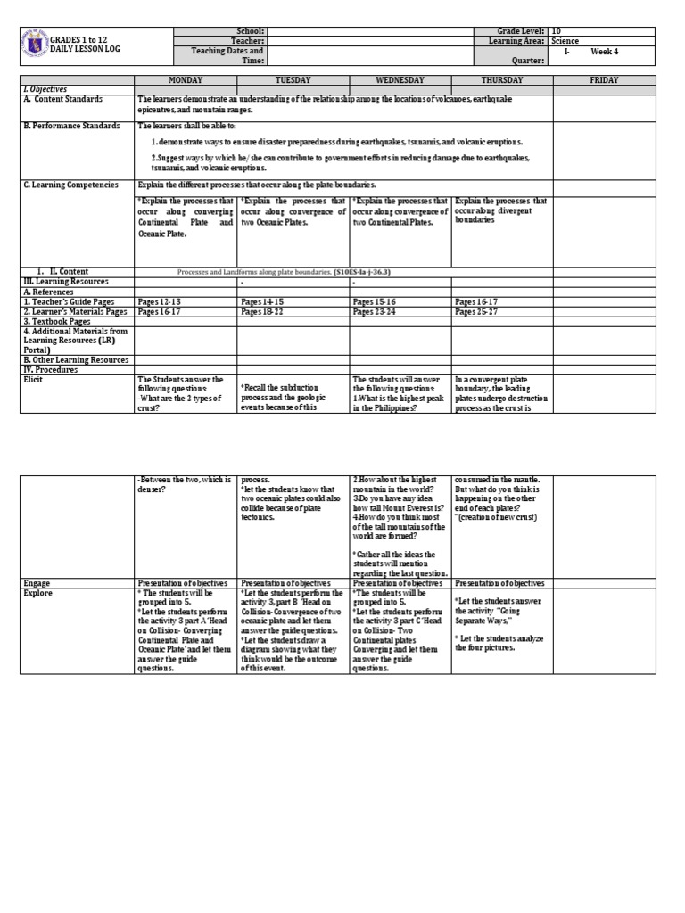 Grade 10 Science Week 4 Lesson Plan | PDF | Plate Tectonics | Volcano