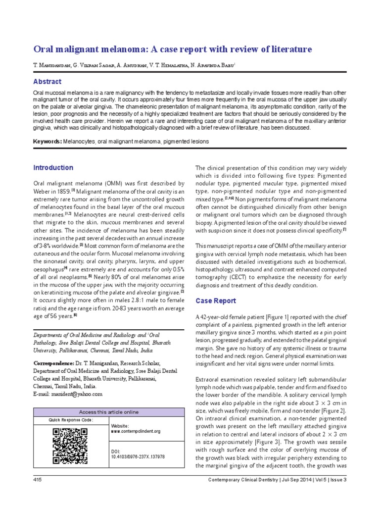 Oral Malignant Melanoma A Case Report With Review PDF Melanoma Cancer