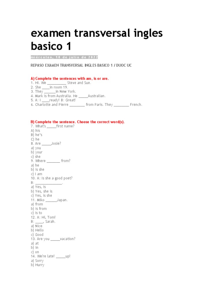 Examen Transversal Ingles Basico 1 | PDF | Lunch | Cuisine