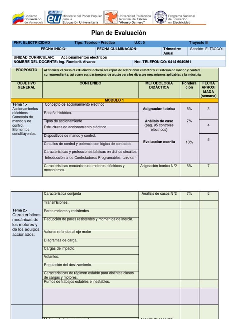 Plan de Evaluación en Accionamientos Eléctricos | PDF | Ingenieria ...