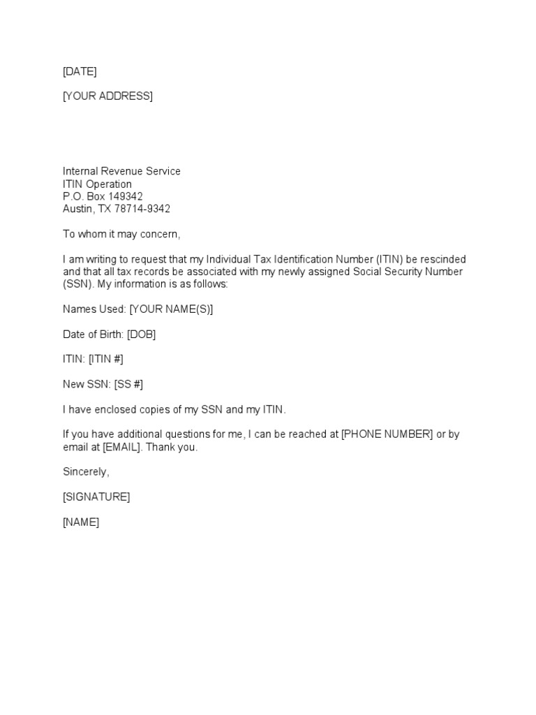 Rescind ITIN Letter Template PDF Rescind ITIN Letter Template PDF