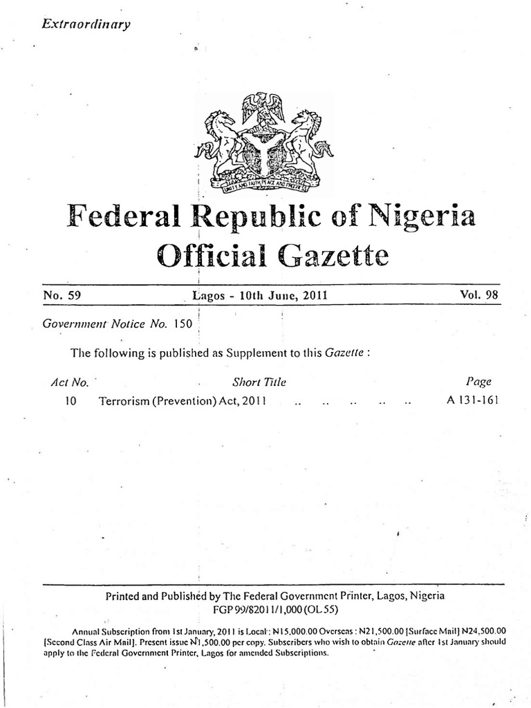 Terrorism Prevention Act, 2011 | PDF | Asset Forfeiture | Attorney General