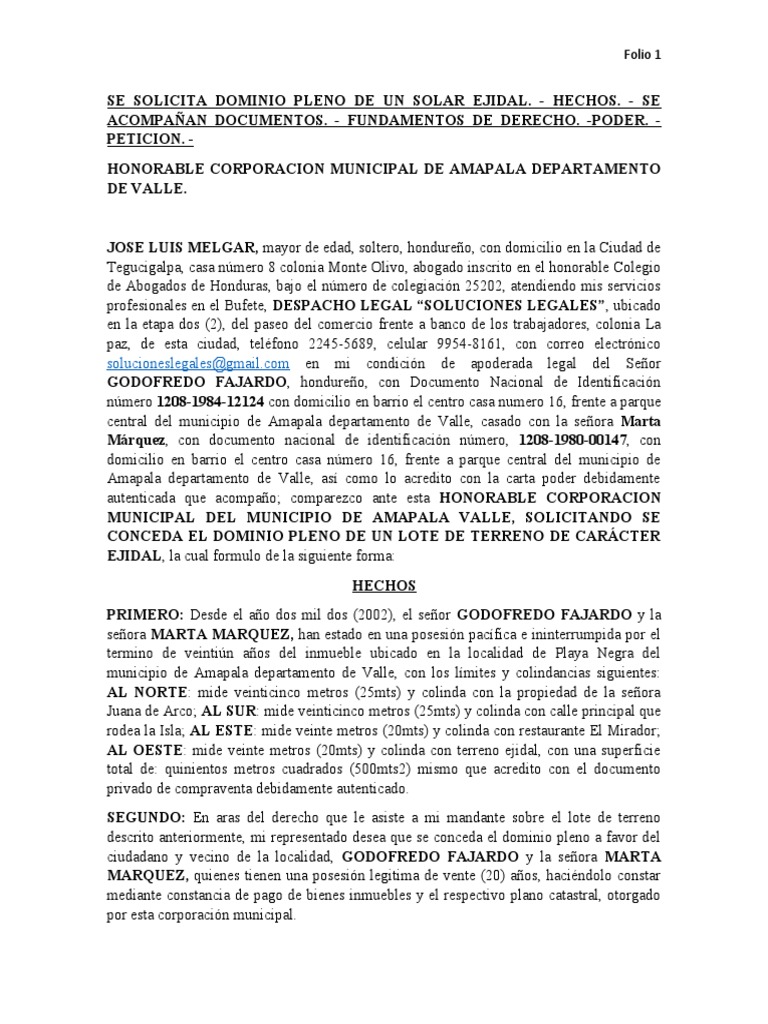 SE SOLICITA DOMINIO PLENO DE UN SOLAR EJIDAL PDF Honduras Justicia