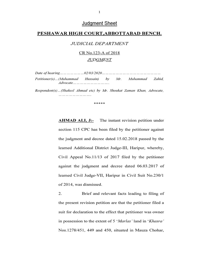 Judgment Sheet: Peshawar High Court, Abbottabad Bench | PDF | Burden Of ...