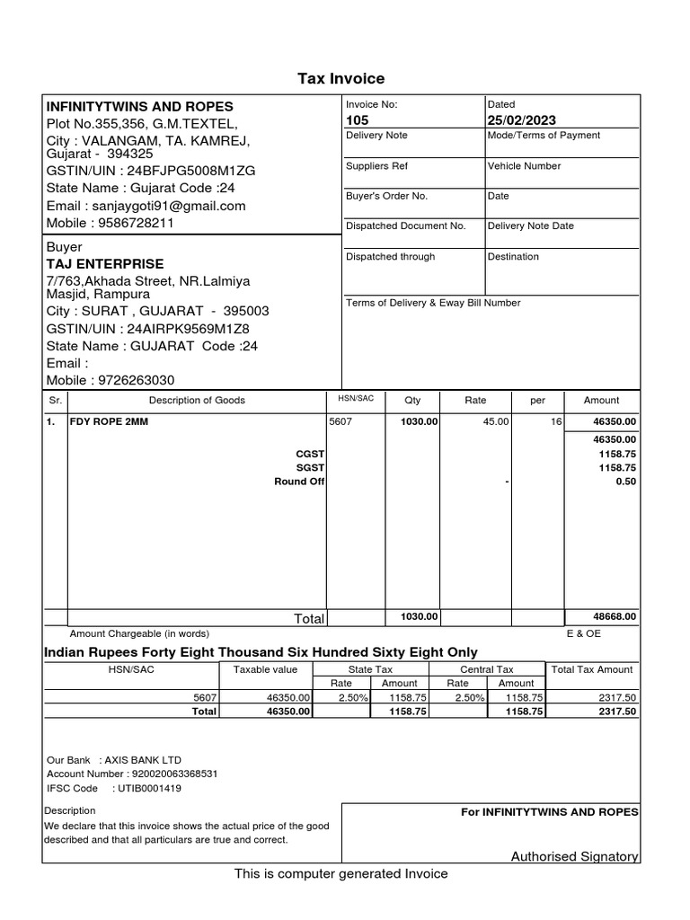 Tax Invoice: Infinitytwins and Ropes 105 25/02/2023 | PDF | Invoice | Money