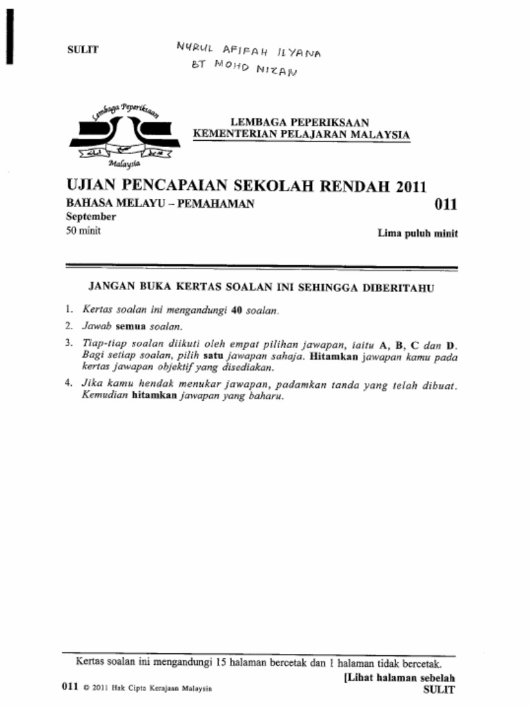 Upsr 2011 Bahasa Melayu Pemahaman Pdf