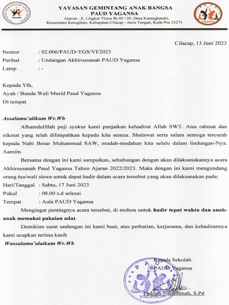 Surat Undangan Akhirussanah Paud Yagansa20230531 - 08404163 | PDF