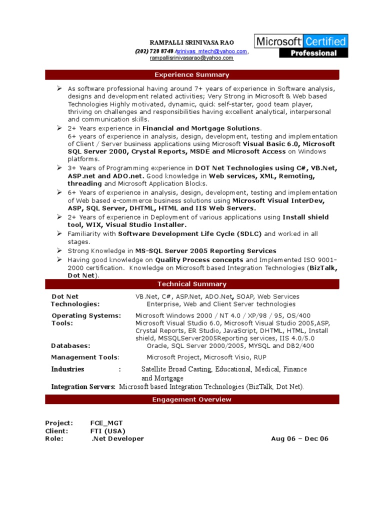 resume Asp Net Project Description In Resume resume srinivas dotnet microsoft sql server web application