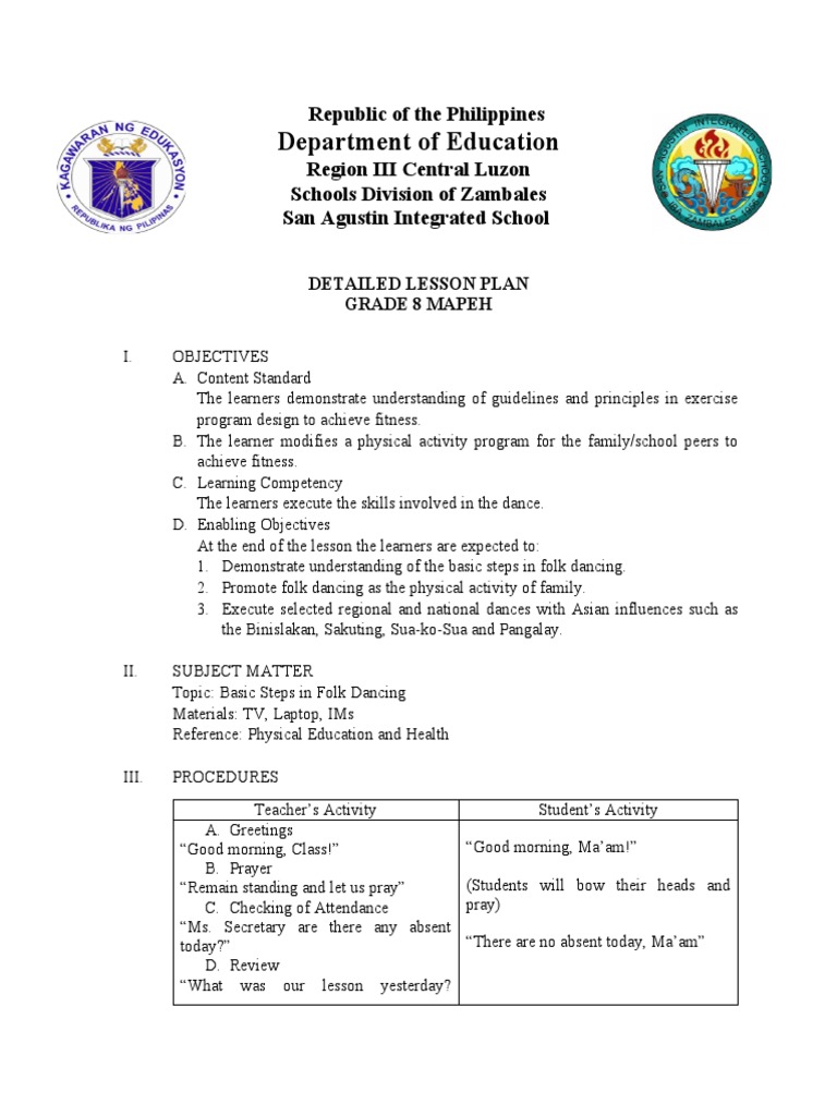 Lesson Plan Mapeh P E 8 Pdf Learning Lesson Plan