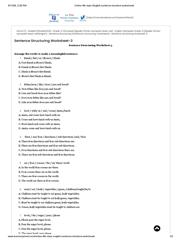 Grade 4 English Sentence Structure Worksheets | PDF | Verb | Subject ...