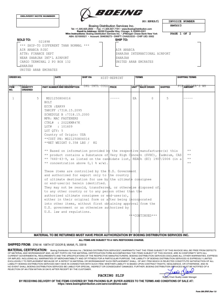 Boeing Invoice and Packing Slip Details | PDF