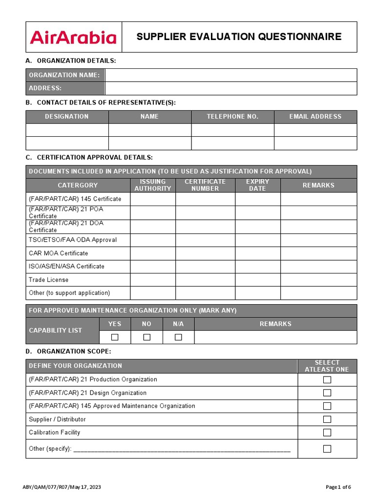 Supplier Evaluation Questionnaire UK | PDF | Calibration | Audit
