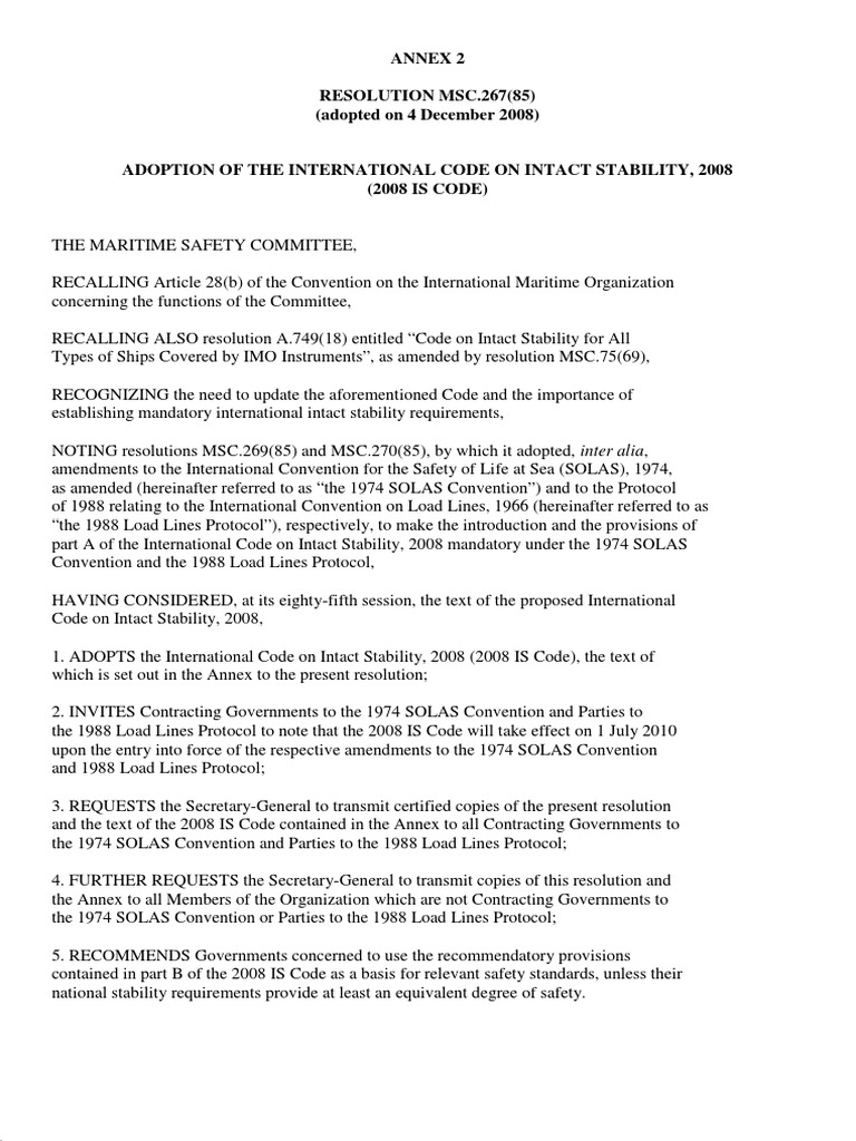 Adoption of Intact Stability Code 2008 | PDF | Ships | Oil Tanker