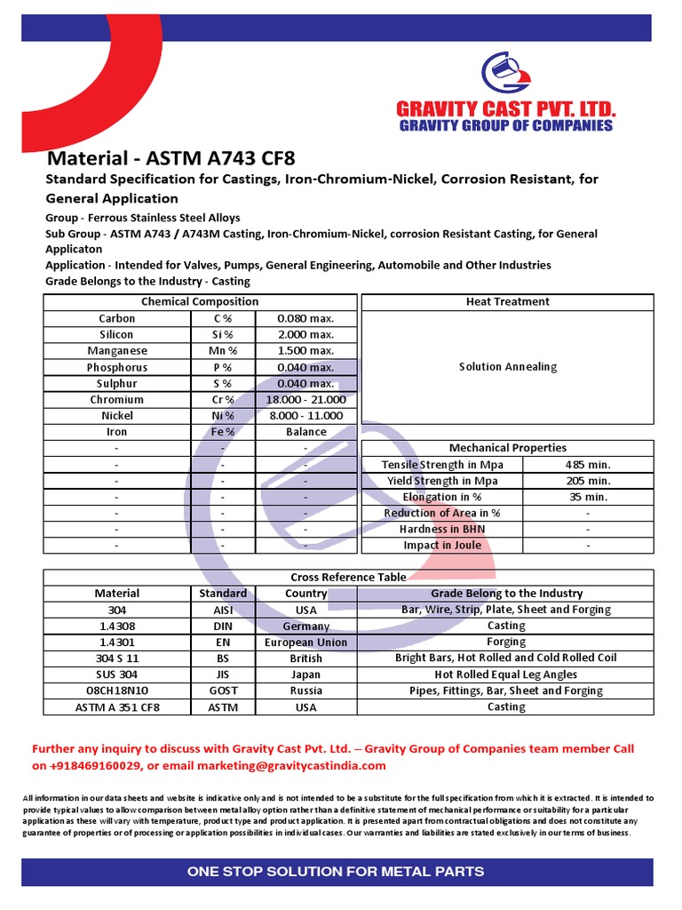 ASTM A743 CF8 Material Specifications | PDF
