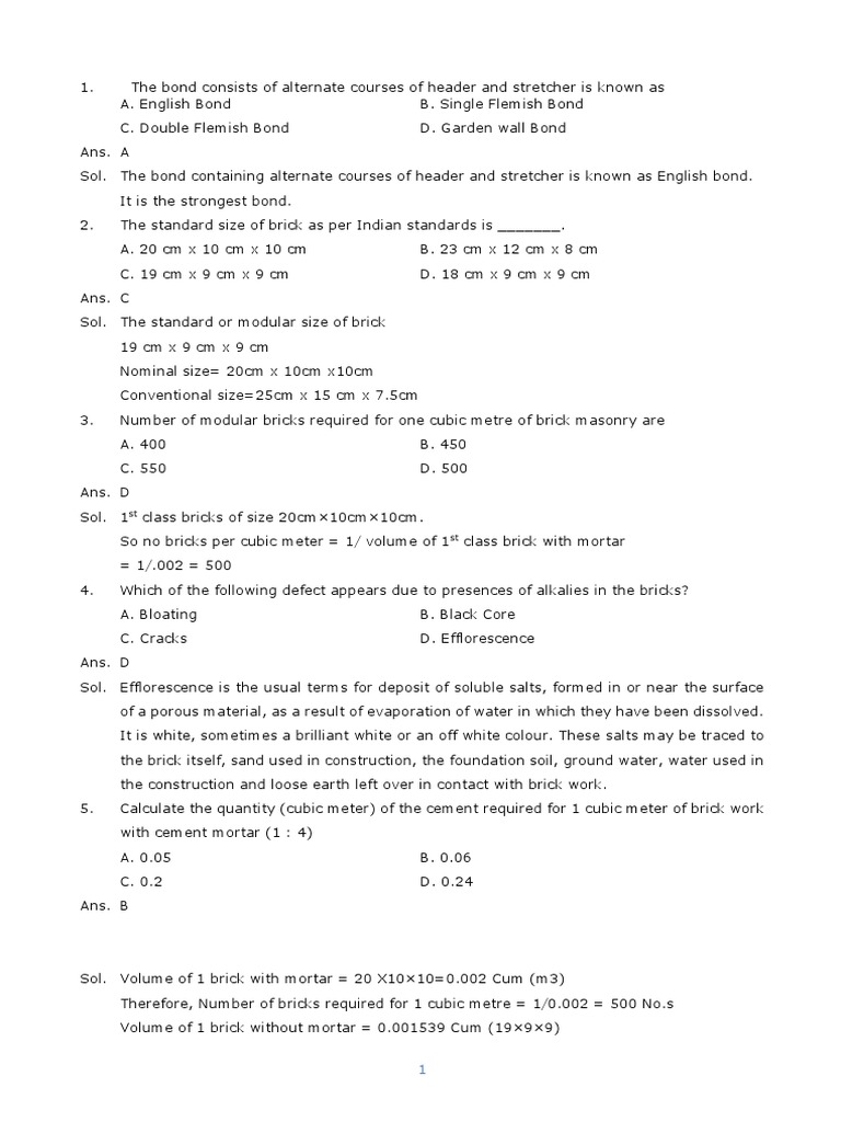 BMC 100 Important Questions 71 | PDF | Concrete | Brick