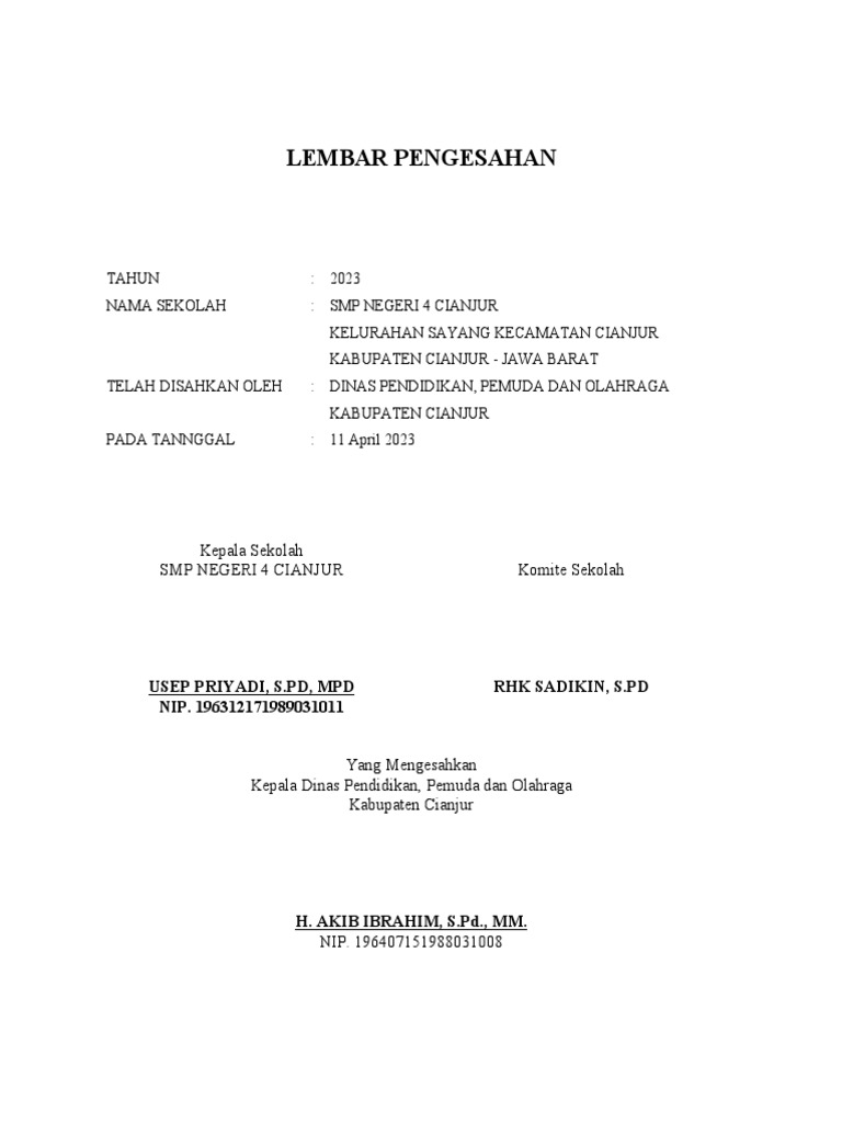 Pengesahan SMP Negeri 4 Cianjur 2023 | PDF