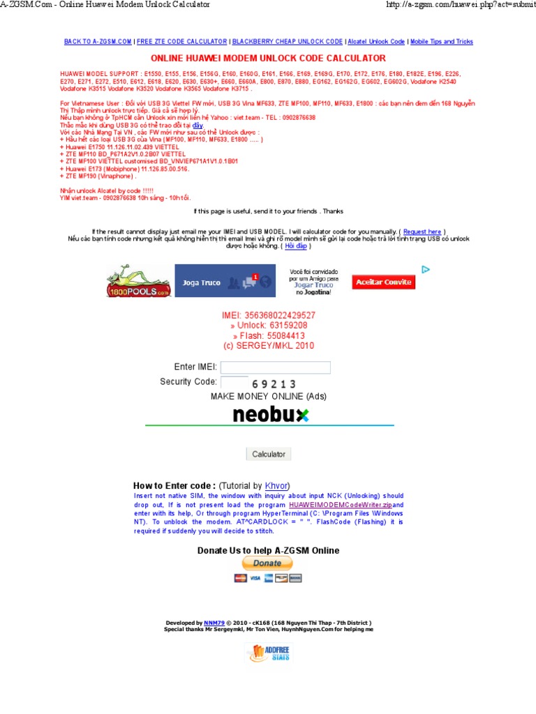 Online Huawei Modem Unlock Calculator Vietnam Telecommunications