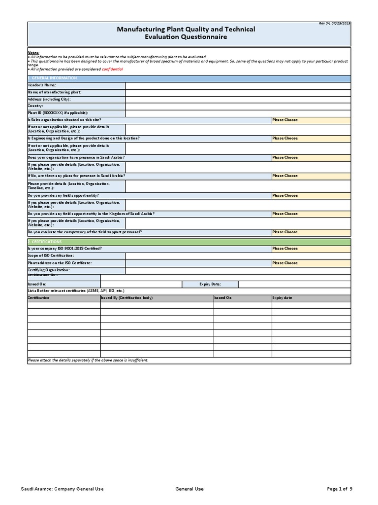 MFG Plant Eval Questionnaire ASC PL 100 Rev03 | PDF