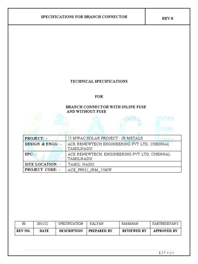 Specifications for PV Branch Connectors | PDF | Electrical Connector ...