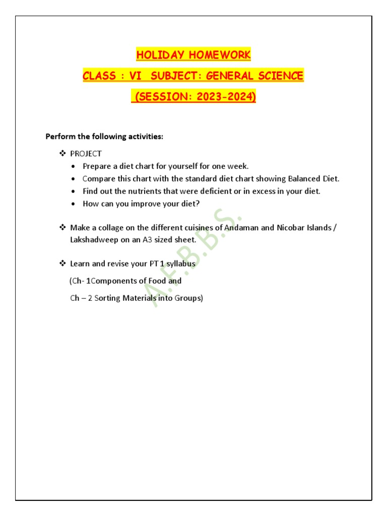 Holiday Homework Class 6 | PDF