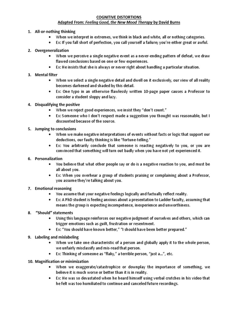 David burns cognitive distortions worksheet