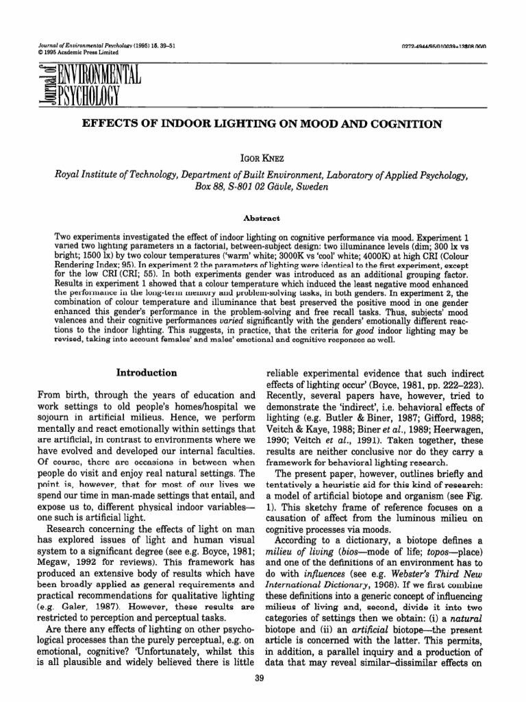 EFFECTS OF INDOOR LIGHTING ON MOOD AND COGNITION PDF Affect
