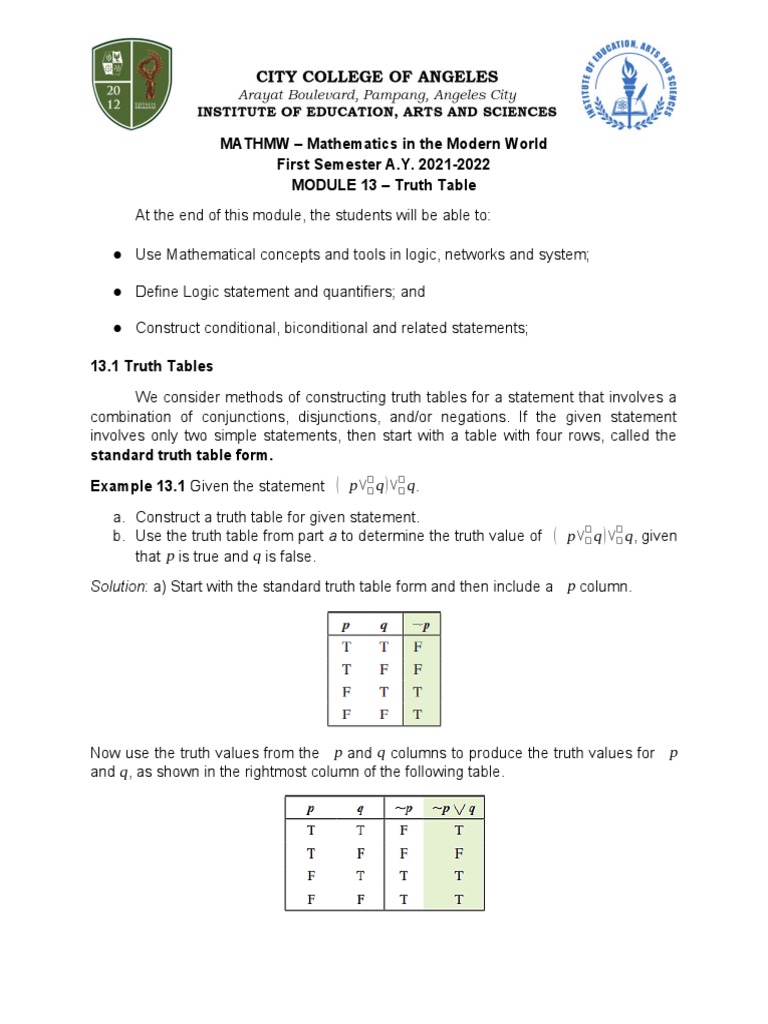 Truth Table PDF Mathematics Logical Expressions