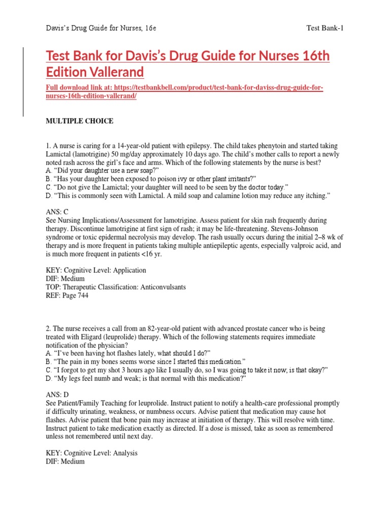 Test Bank For Daviss Drug Guide For Nurses 16th Edition Vallerand PDF