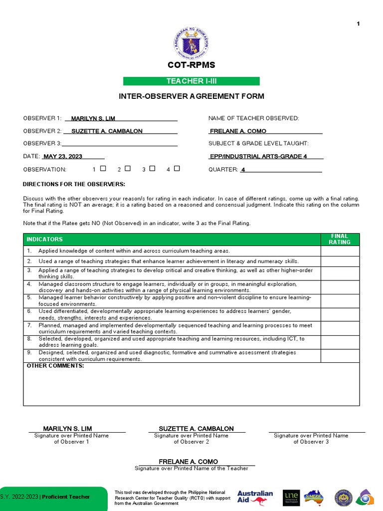 Teacher Observation Agreement Form | PDF | Learning | Curriculum