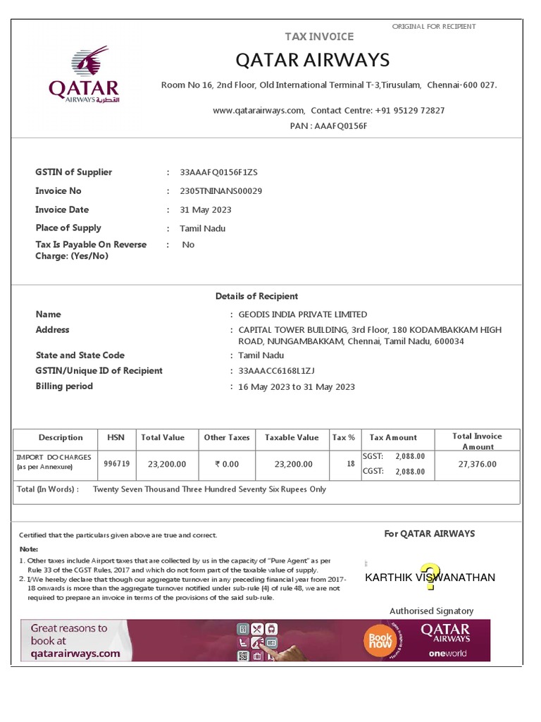 Qatar Airways Tax Invoice Details | PDF | Taxes | Governance
