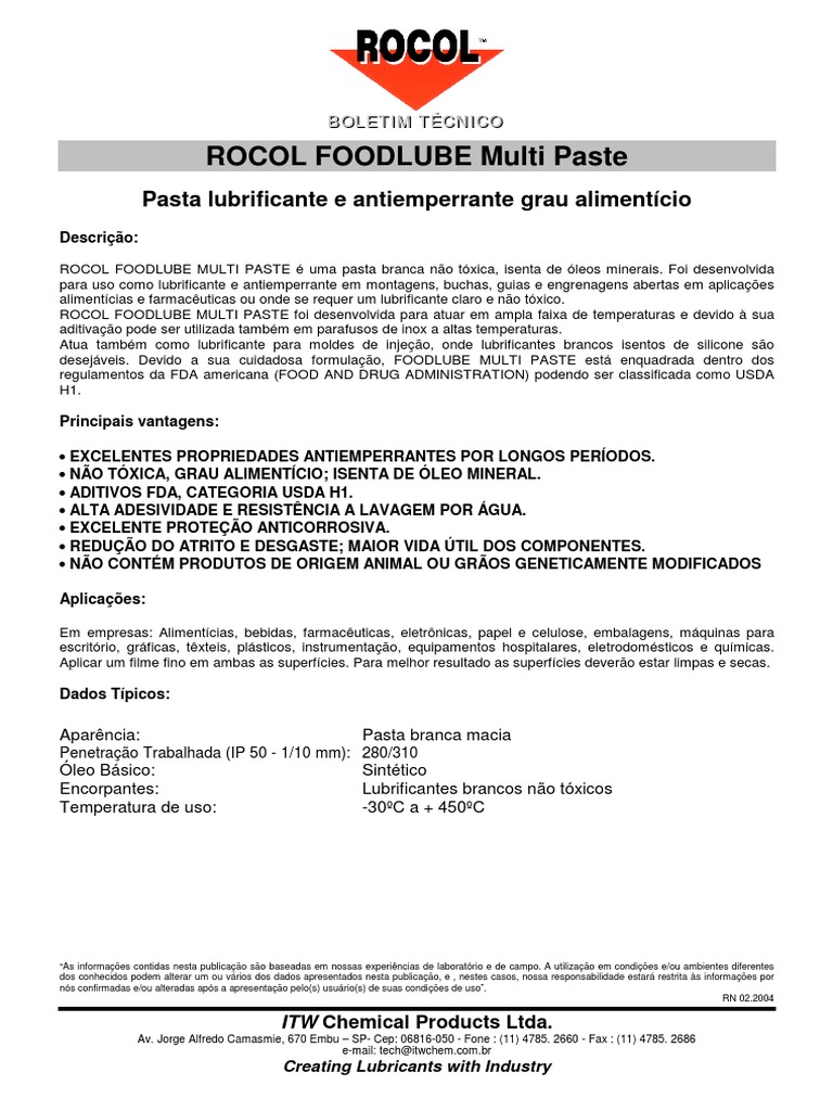 Graxa Rocol Foodlube Multi Paste PDF Food and Drug Administration