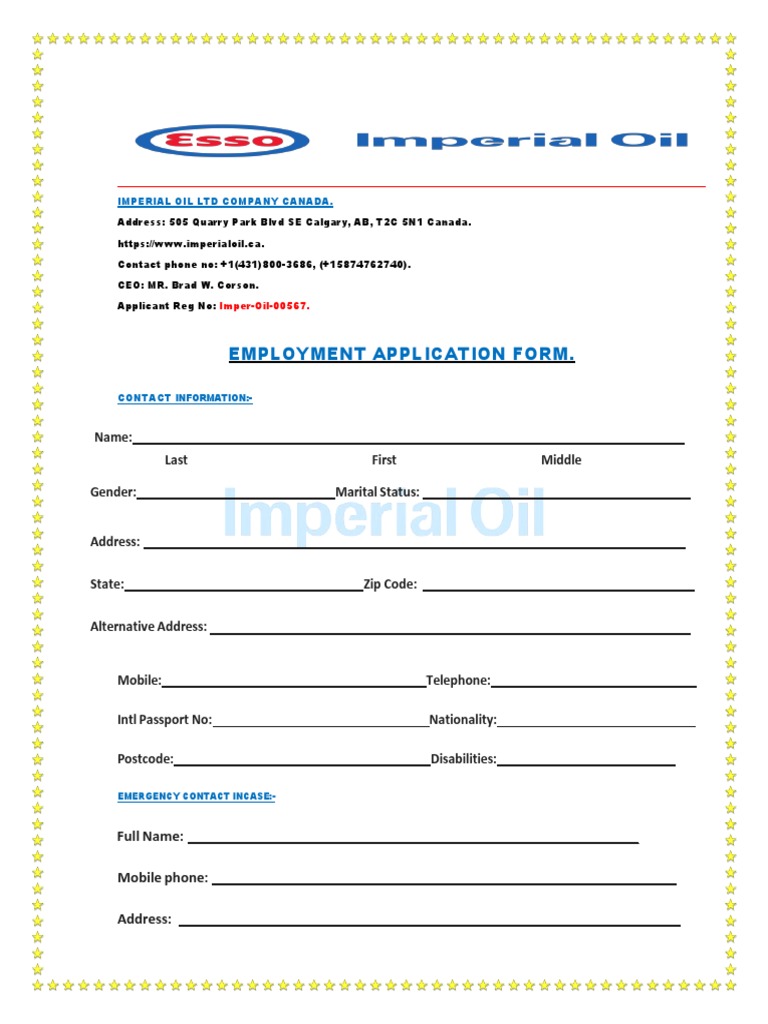 Imperial Oil LTD Company Canada Employment Application Form. | PDF