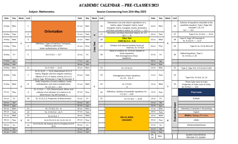 Pre-Classes 2023 Academic Calendar | PDF