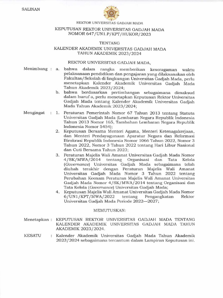 Kalender Akademik UGM 2023-2024 | PDF