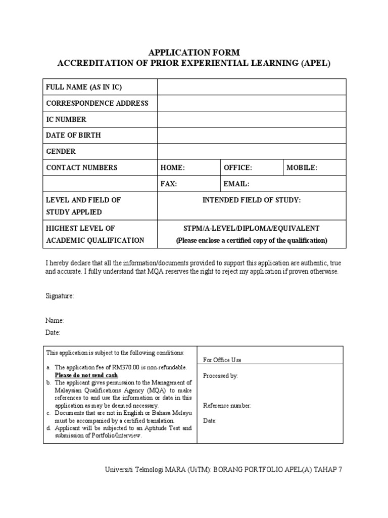 APEL Level 7 Portfolio Application Form | PDF
