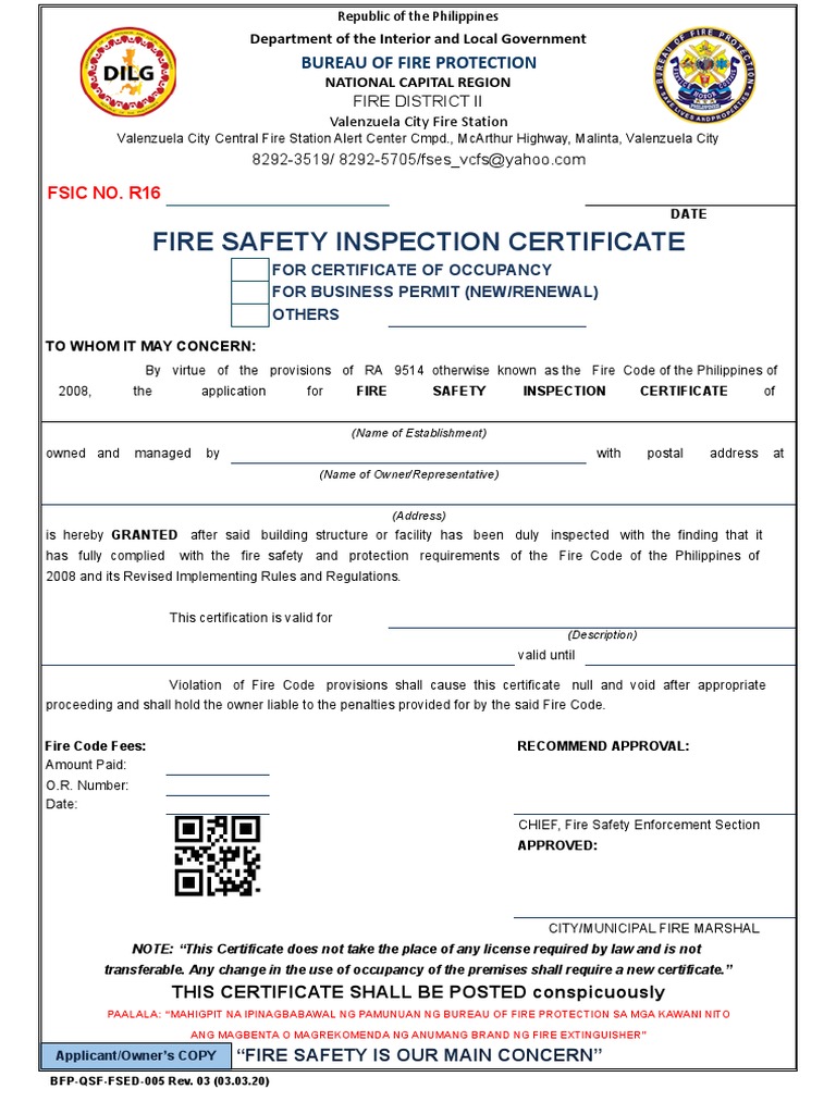 Valenzuela Fire Safety Inspection Certificate | PDF | Fire Safety ...