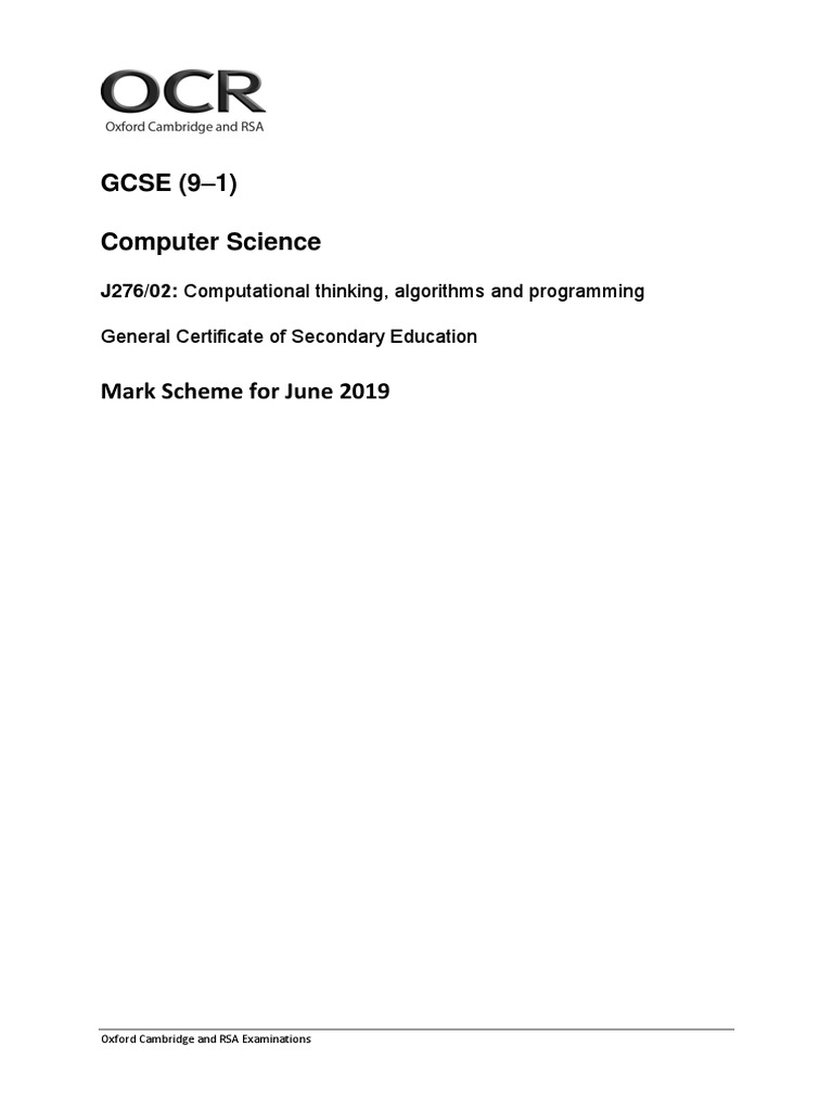 2019 OCR GCSE Computer Science Mark Scheme | PDF | Sampling (Signal ...