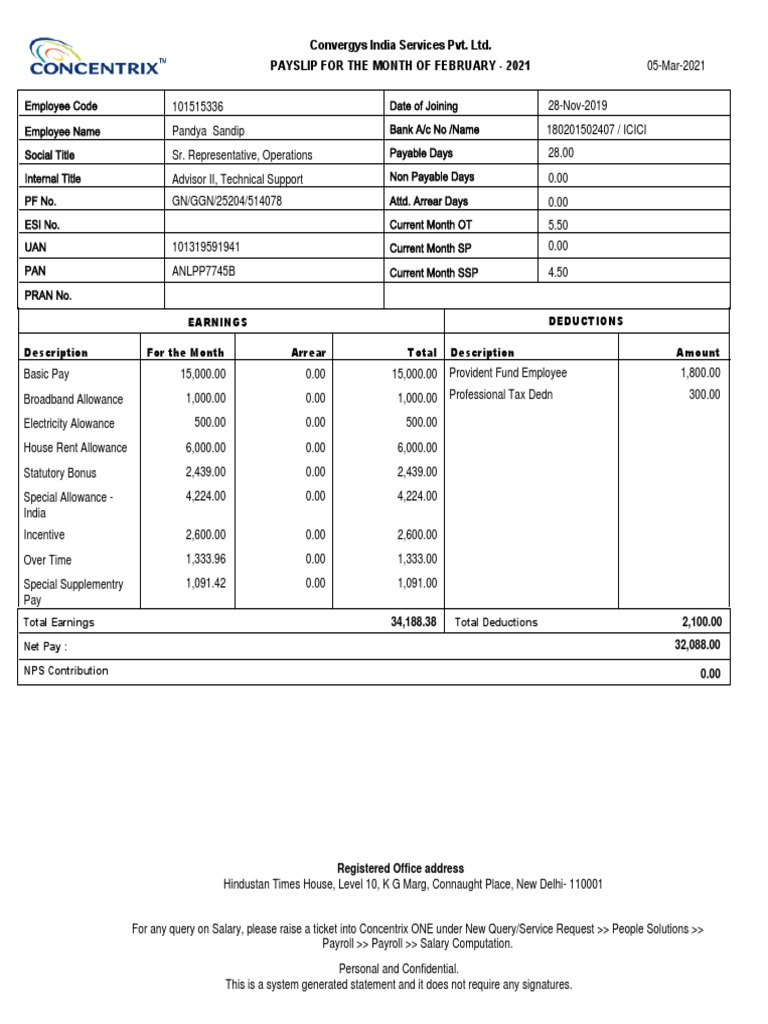 Convergys India Services Pvt. Ltd. Payslip For The Month of February ...