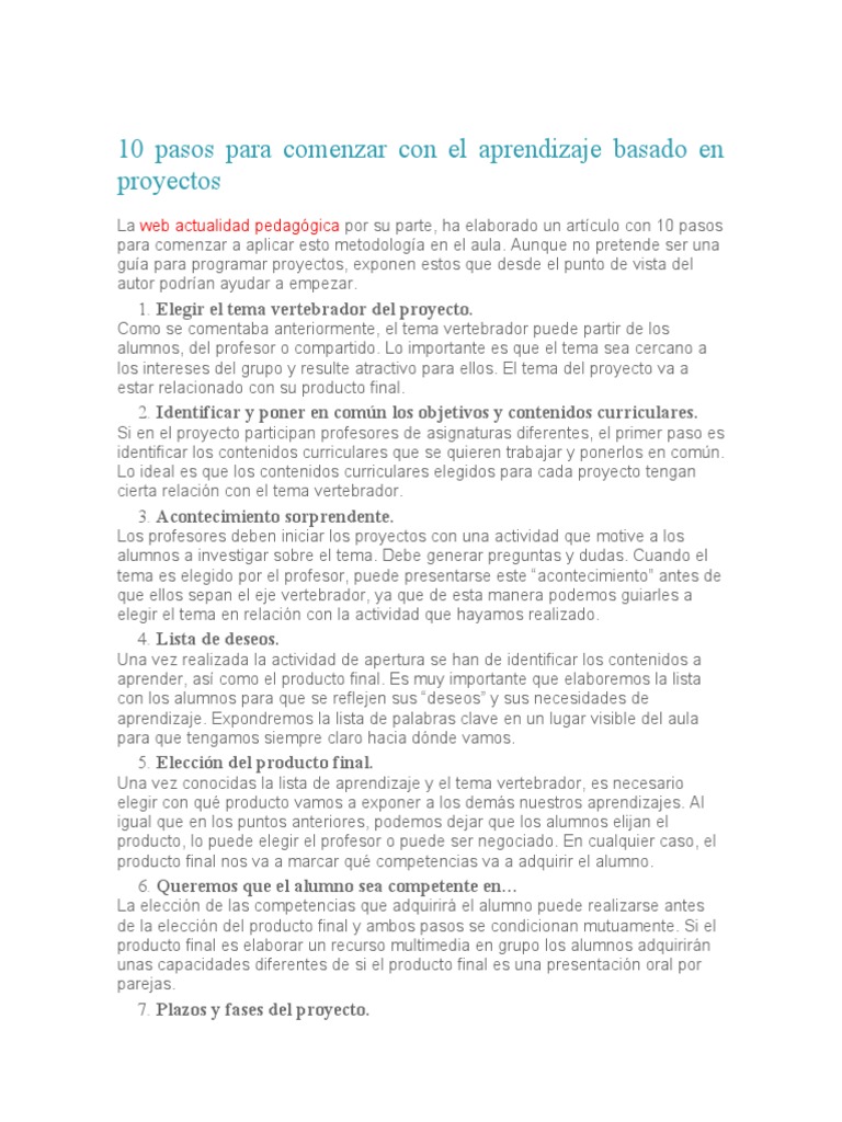 10 Pasos para Aprendizaje por Proyectos | PDF | Maestros | Evaluación