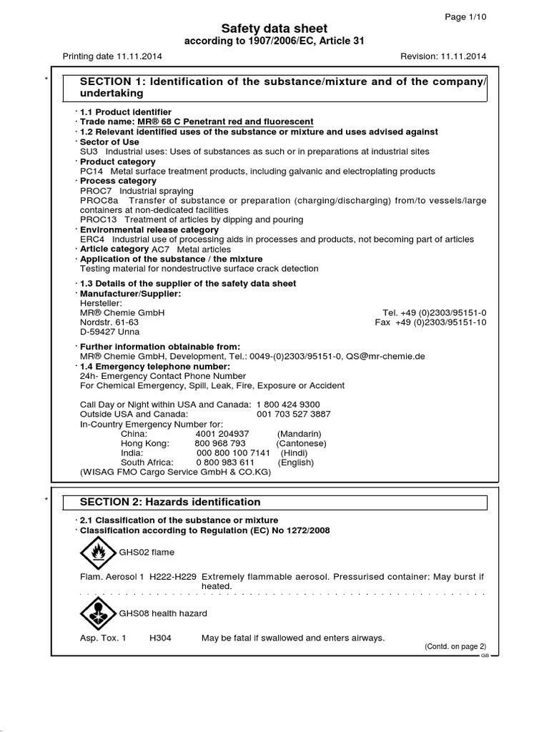 mr68c en Sds Aerosol PDF Dangerous Goods Water