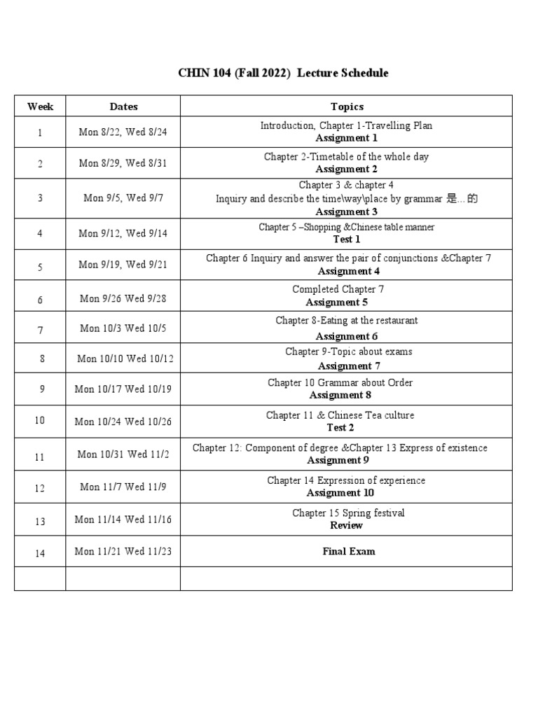 CHIN 104 Lecture Schedule Fall 2022 PDF