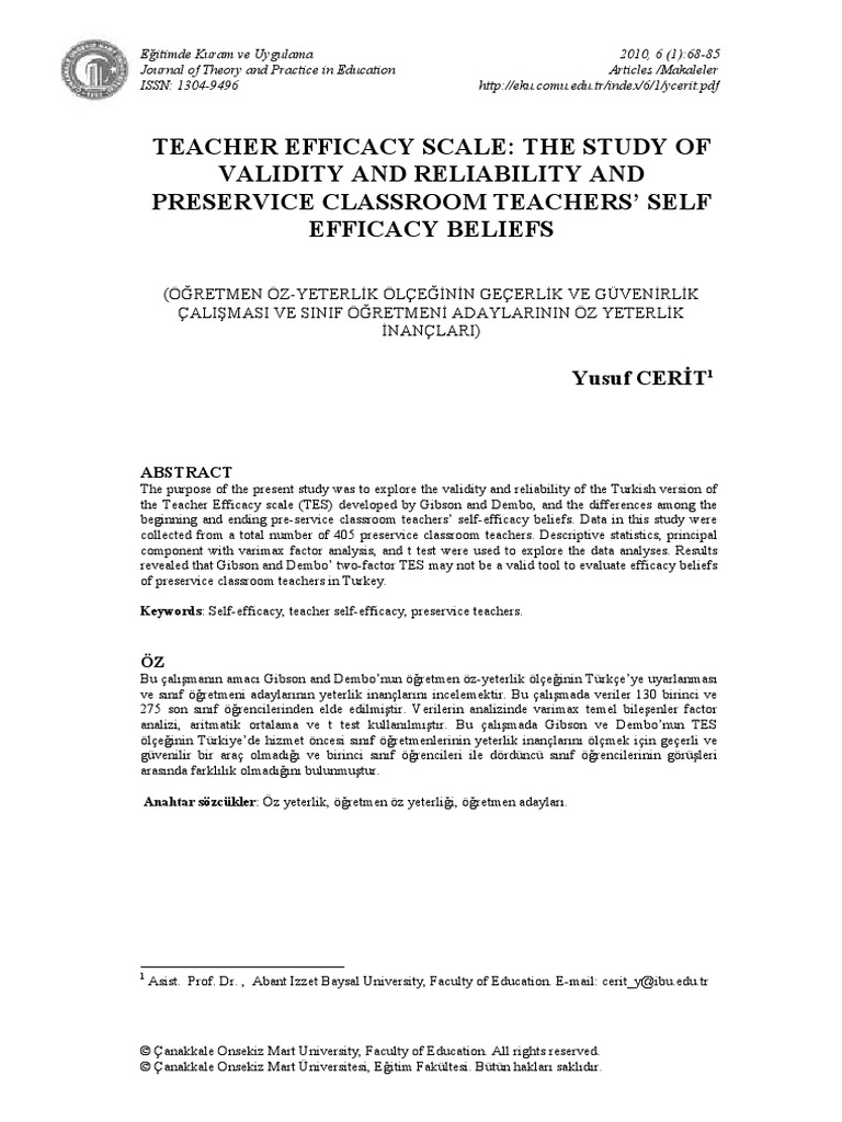 Teacher Efficacy Scale: The Study of Validity and Reliability and ...