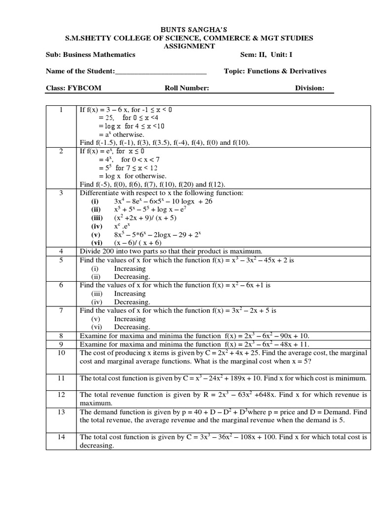 Functions and Derivatives Assignment | PDF | Maxima And Minima | Calculus