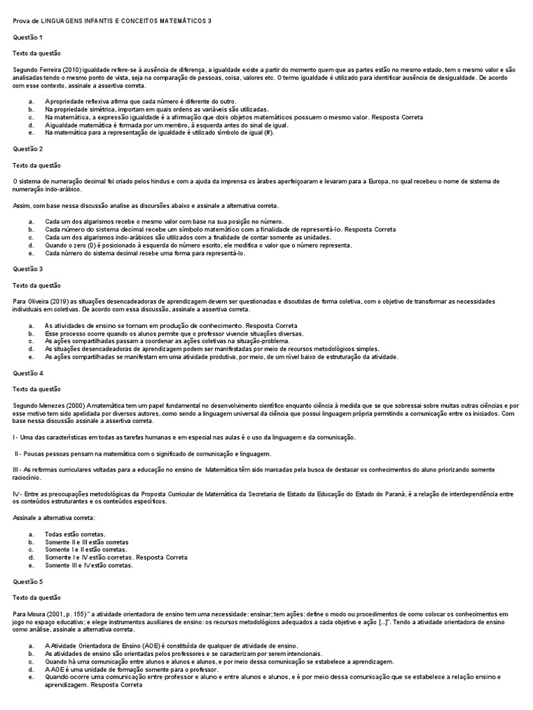 Prova de LINGUAGENS INFANTIS E CONCEITOS MATEMÁTICOS 3 | PDF ...